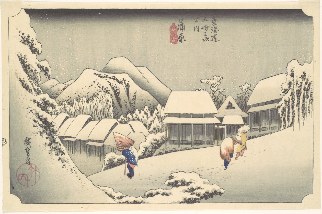 Kvällssnö vid Kanbara, ur serien "Tōkaidōs femtiotre stationer" av Utagawa Hiroshige