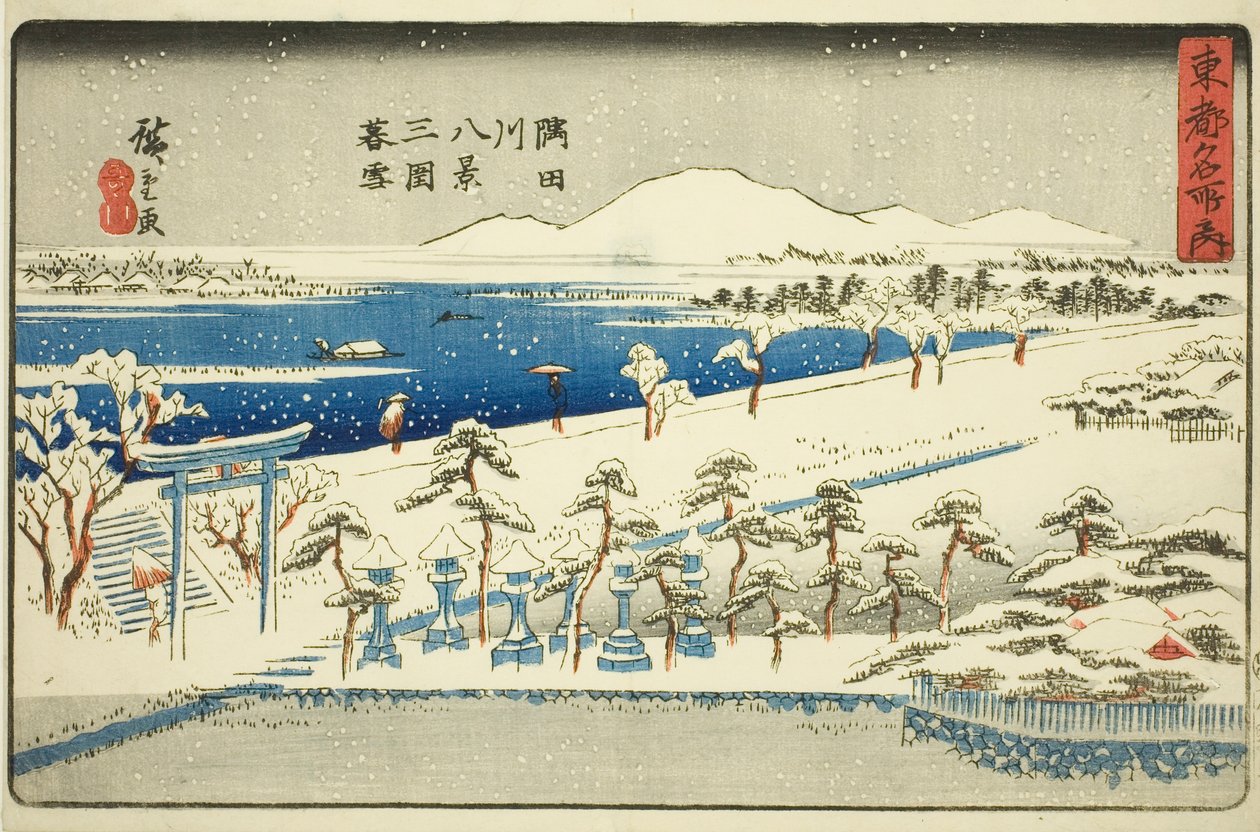 Evening Snow at Mimeguri, Eight Views of the Sumida River (Sumidagawa hakkei, Mimeguri bosetsu), från serien "Famous Places in the Eastern Capital (Toto meisho no uchi)" av Utagawa Hiroshige