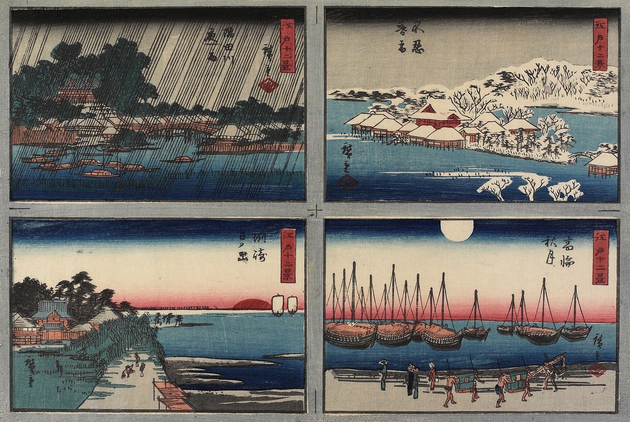 Kvällssnö vid Shinobazu, Höstmåne vid Takanawa, Soluppgång vid Susaki, Nattregn vid Sumidafloden, 1843-1847 av Utagawa Hiroshige