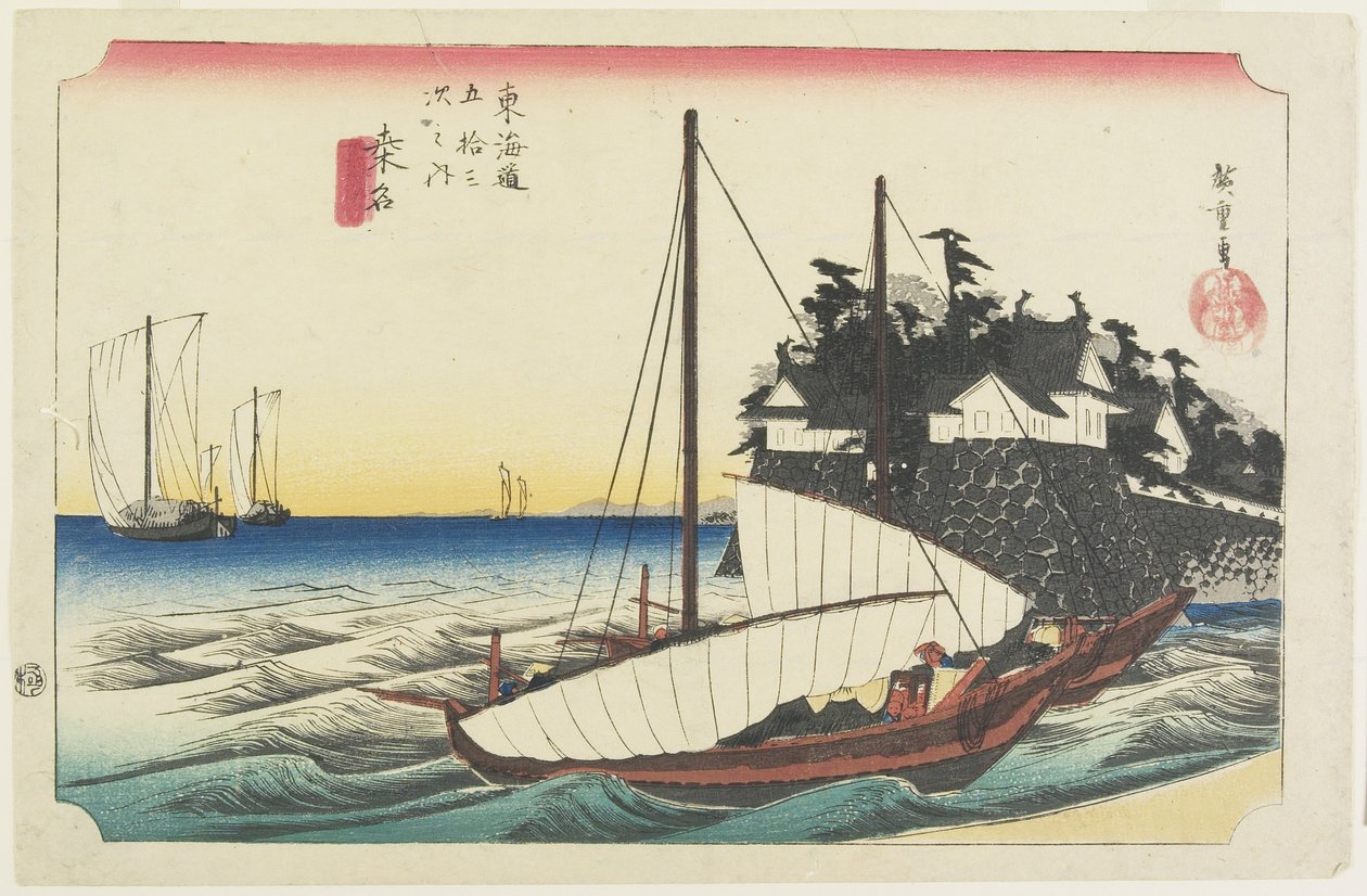 Färjan är en hand f Shichiri, Kuwana, ca. 1833 av Utagawa Hiroshige