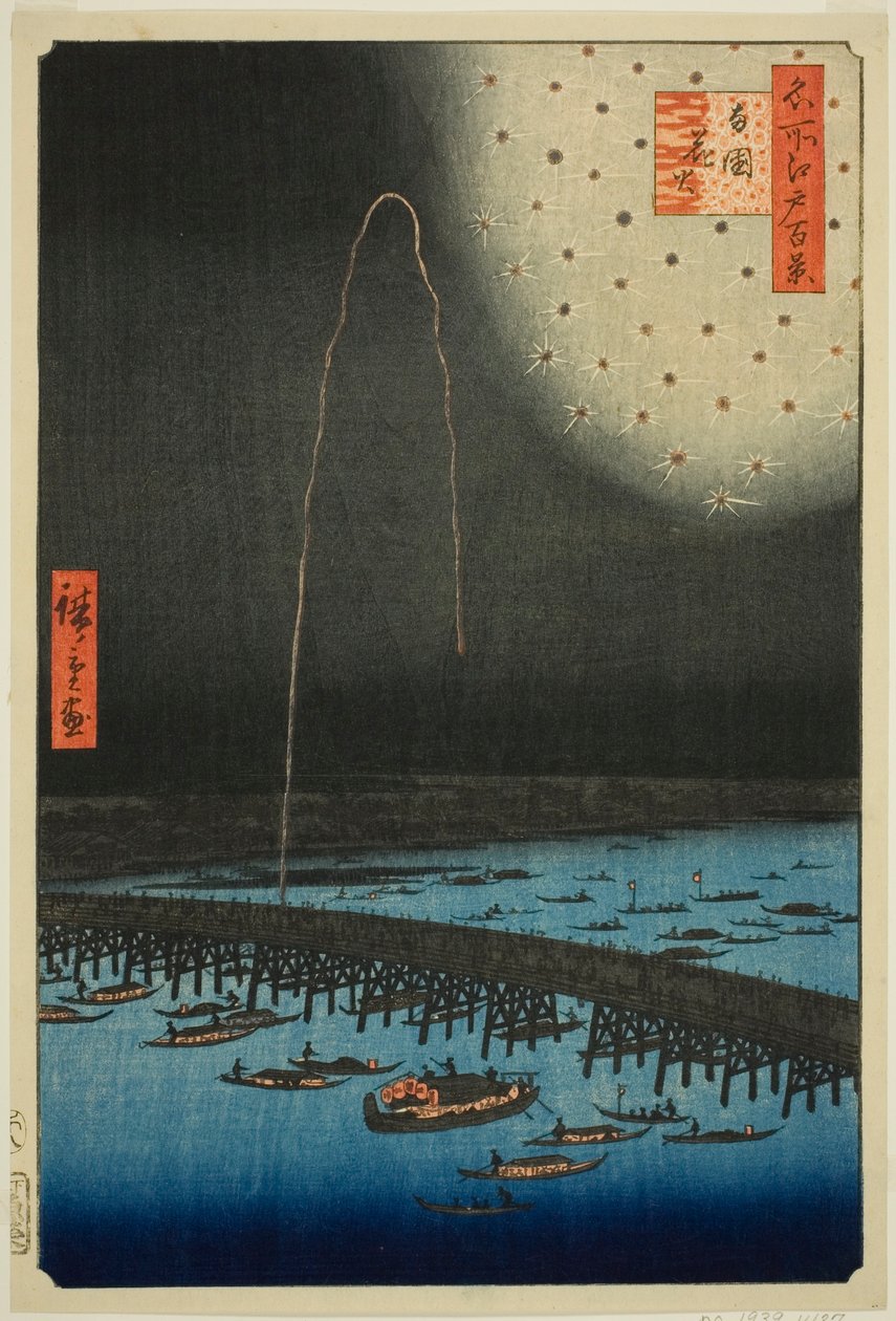 Filet rks på Rokoku (Rokoku Fireworks), från serien "Ridge d re d Fa net s Views of Edo (One Hundred Famous Views of Edo)" av Utagawa Hiroshige