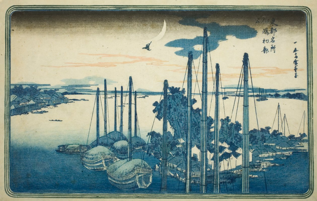 Årets första gök på Tsukuda Island (Tsukudajima, hatsu hototogisu), från serien "Famous Views of the Eastern Capital (Toto Meisho)" av Utagawa Hiroshige