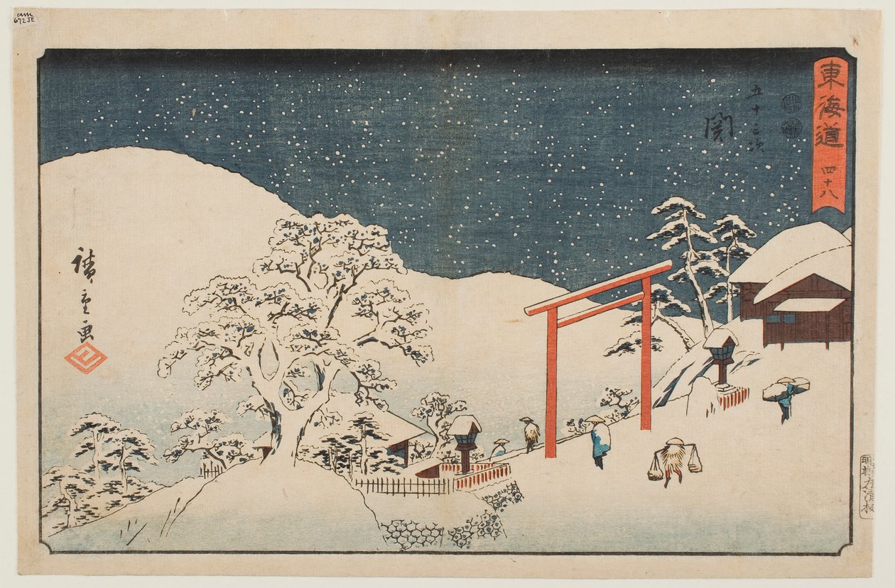 Fyrtioåtta: Seki, ur serien ”Tōkaidōs femtiotre stationer” av Utagawa Hiroshige