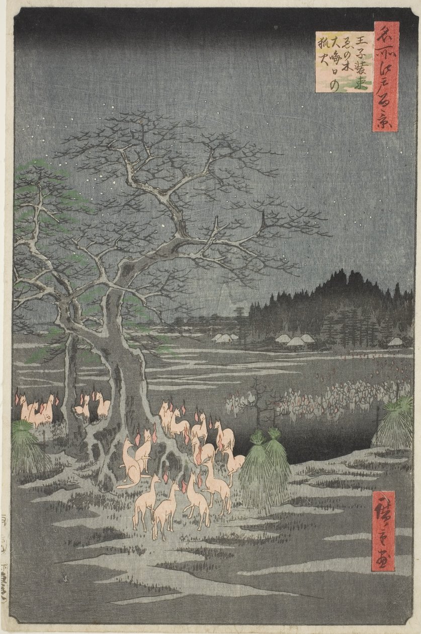 Räveldar på nyårsafton vid det skiftande trädet i Oji (Oji shozoku enoki omisoka no kitsunebi), från serien "Hundra berömda vyer av Edo (Meisho Edo hyakkei)" av Utagawa Hiroshige