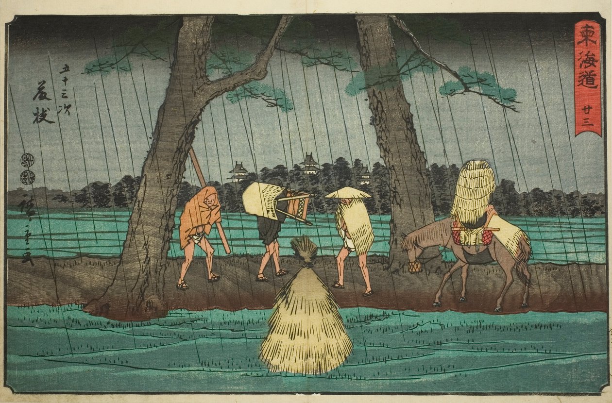 Fujieda—Nej. 23, från serien "Fifty-three Stations of the Tokaido (Tokaido gojusan tsugi)," även känd som Reisho Tokaido av Utagawa Hiroshige