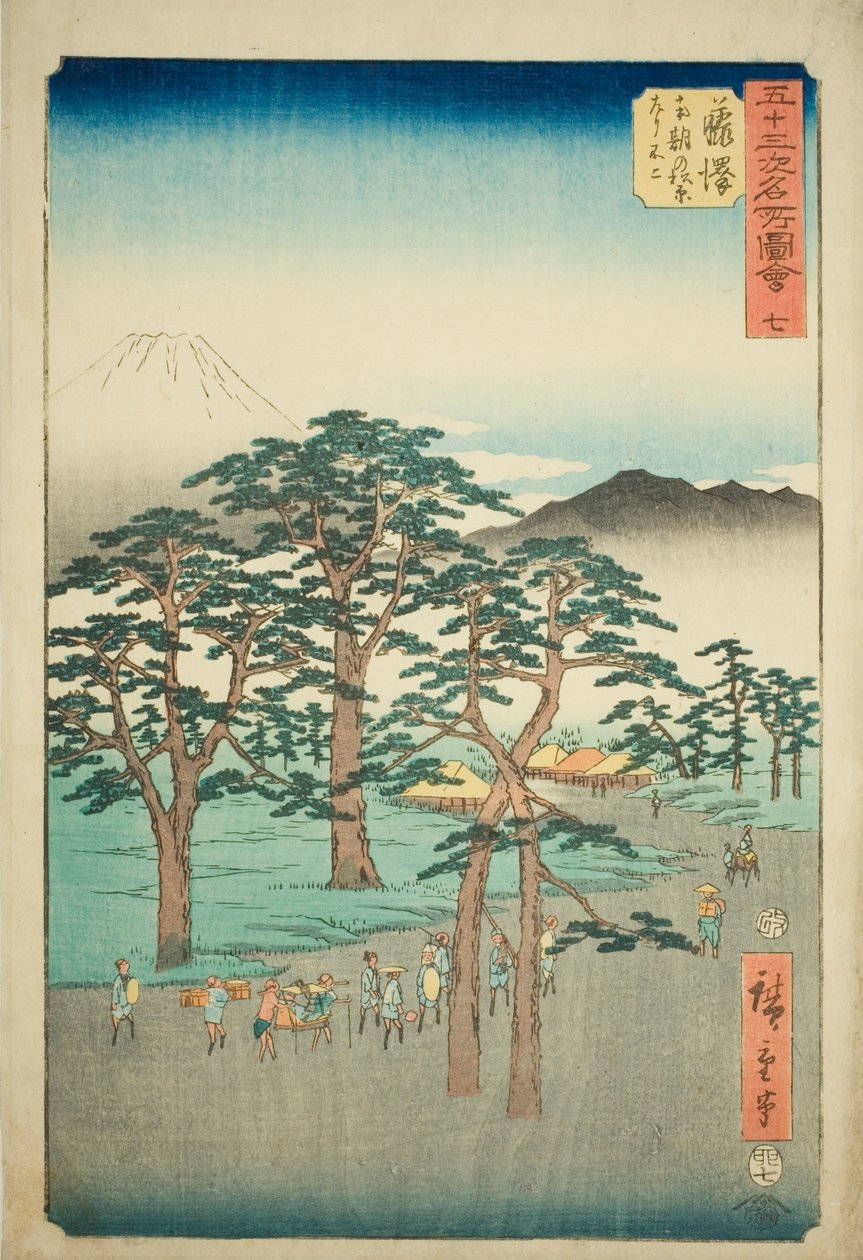 Fujisawa: Mount Fuji till vänster från Nanki Pine Grove (Fujisawa, Nanki no Matsubara hidari no Fuji), nr. 7 från serien "Famous Sights of the Fifty-three Stations (Gojusan tsugi meisho zue)," även känd som Vertical Tokaido av Utagawa Hiroshige