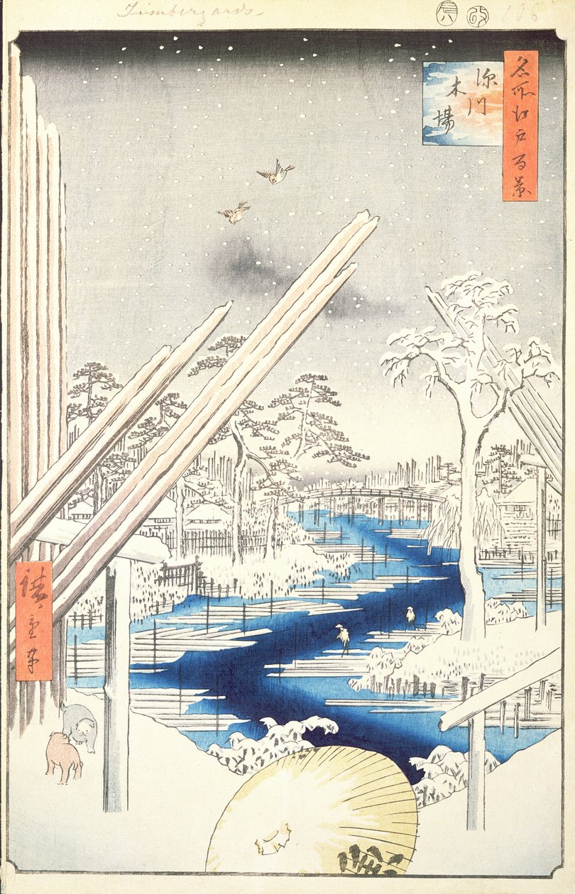 Fukagawa Lumberyards, nr 106 från One Hundred famous views of Edo, 1856 (träblocksfärgtryck) av Utagawa Hiroshige