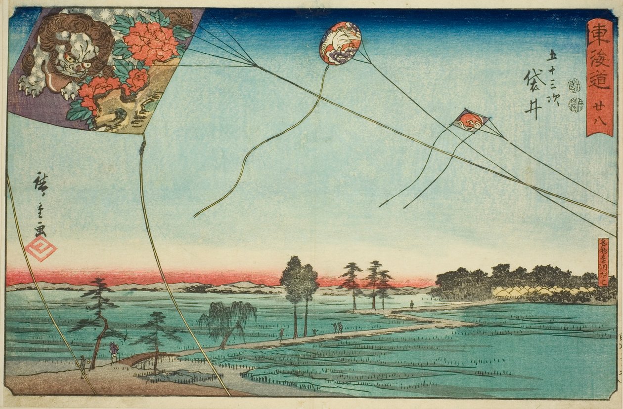 Fukuroi: Famous Kites of Enshu (Fukuroi, meibutsu Enshu dako)—Nr 28, från serien "Fifty-three Stations of the Tokaido (Tokaido gojusan tsugi)," även känd som Reisho Tokaido av Utagawa Hiroshige