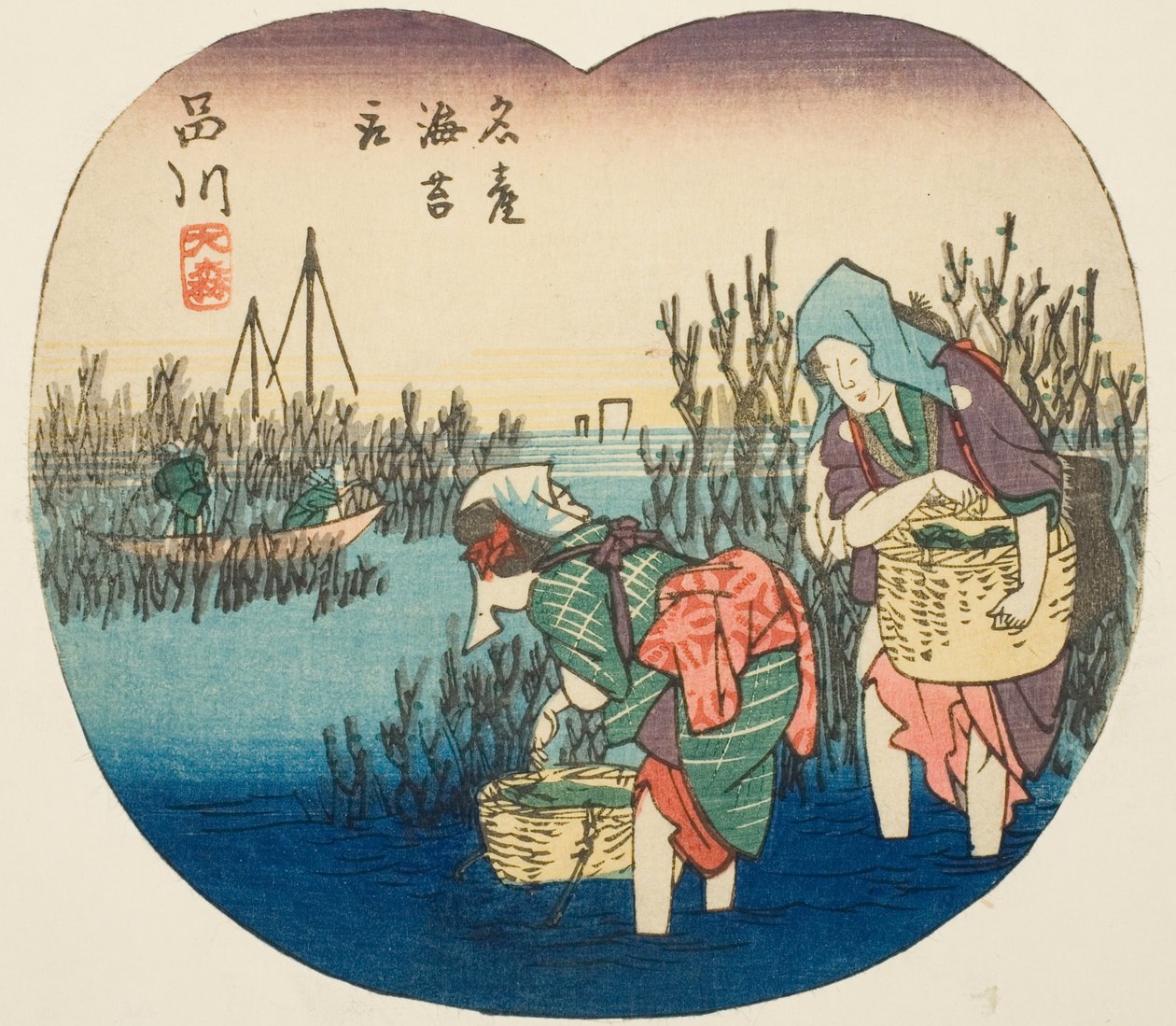 Samla sjögräs vid Omori i Shinagawa (Shinagawa, Omori, meisan nori tori), sektion av ark nr 1 från serien "Utklippta bilder på Tokaidovägen (Tokaido harimaze zue)" av Utagawa Hiroshige