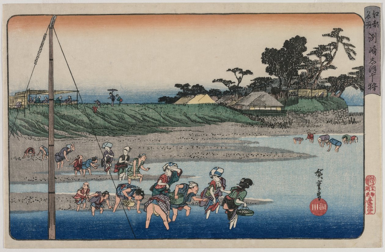 Samla skaldjur vid lågvatten vid Susaki, från serien Famous Places in Edo av Utagawa Hiroshige