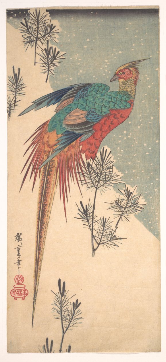 Guldfasan och tallskott i snön av Utagawa Hiroshige