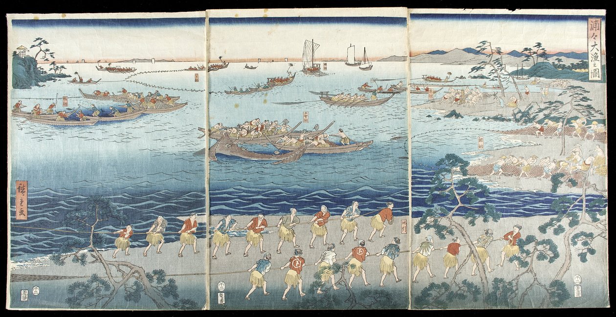 En storslagen fiskescen i bukten av Utagawa Hiroshige
