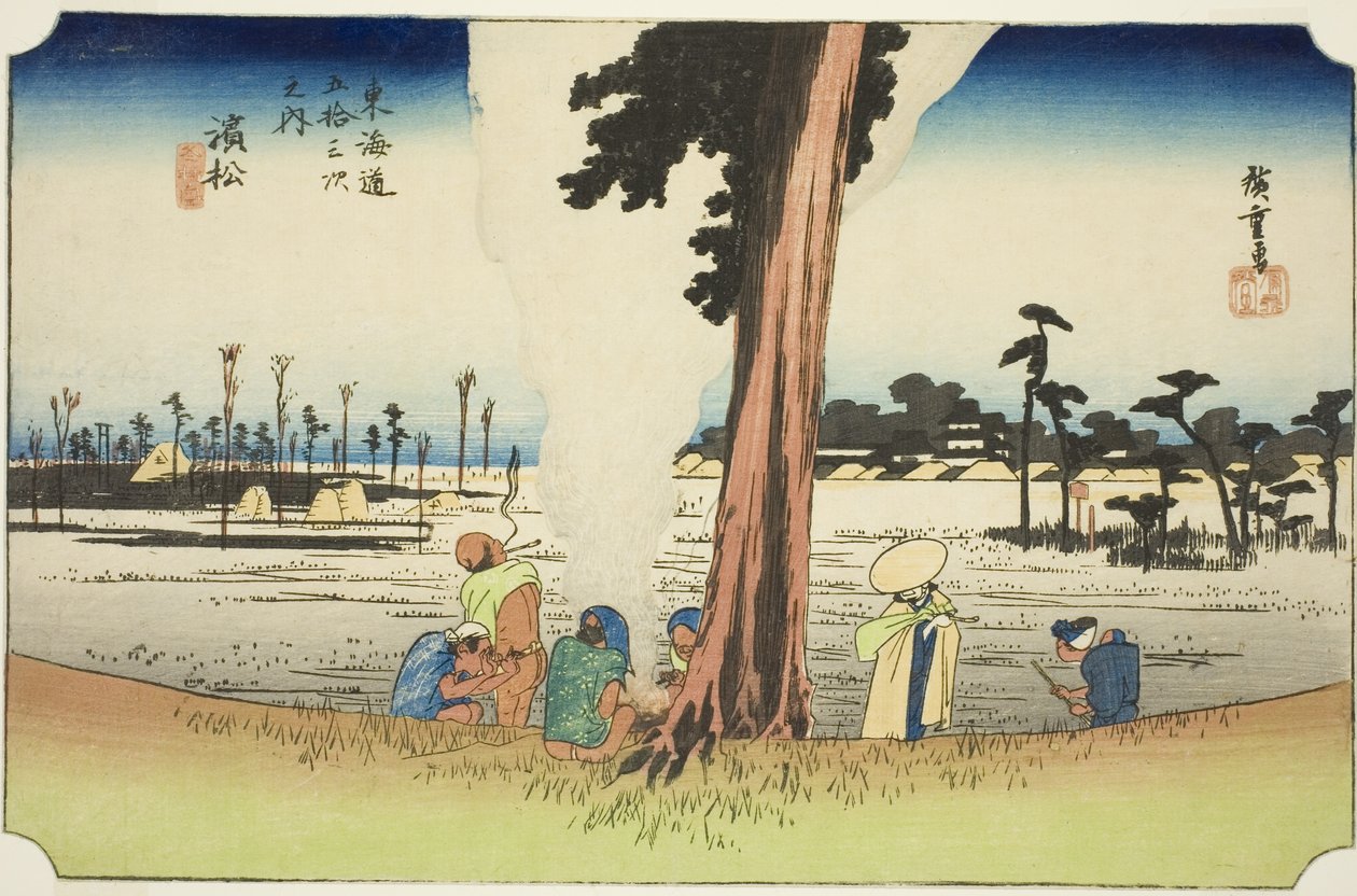 Hamamatsu: Winter Scene (Hamamatsu, fuyugare no zu), från serien "Fifty-three Stations of the Tokaido (Tokaido gojusan tsugi no uchi)," även känd som Hoeido Tokaido av Utagawa Hiroshige