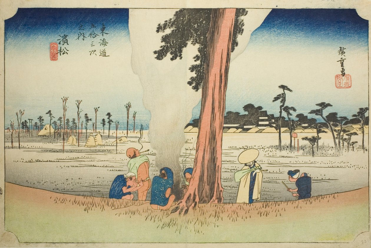 Hamamatsu: Winter Scene (Hamamatsu, fuyugare no zu), från serien "Fifty-three Stations of the Tokaido (Tokaido gojusan tsugi no uchi)," även känd som Hoeido Tokaido av Utagawa Hiroshige