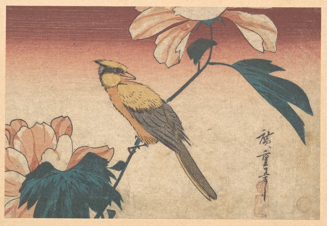Hibiscus mutabilis och Jay av Utagawa Hiroshige