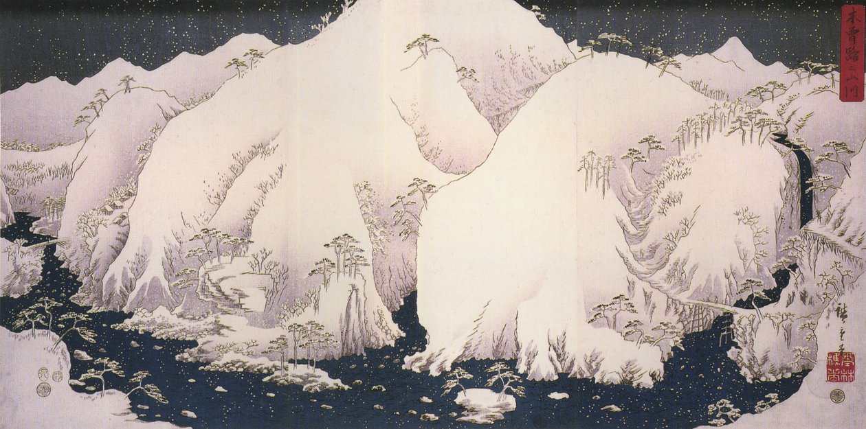 Hiroshige, En flod bland snöklädda berg av Utagawa Hiroshige