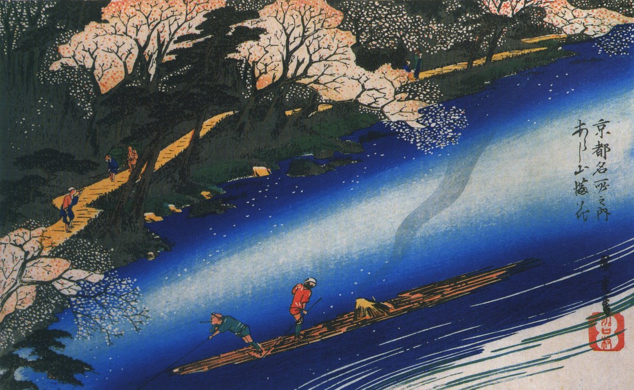 Hiroshige Polerar en flotte på en flod av Utagawa Hiroshige