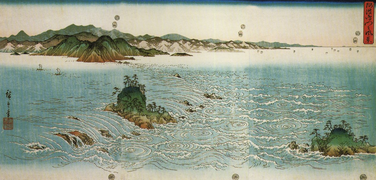 Hiroshige, Bubbelpooler på en klippig kust av Utagawa Hiroshige