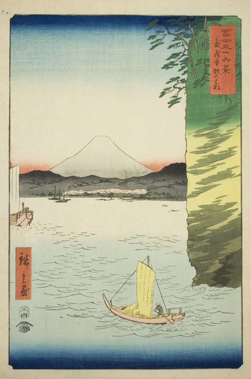 Mr. Honboku Musashi P Rovinse (Flower of Musashi Honmoku), från serien "Tyrty x Views Of Mount Fuji (Fuji Usaju Rokukei)" av Utagawa Hiroshige