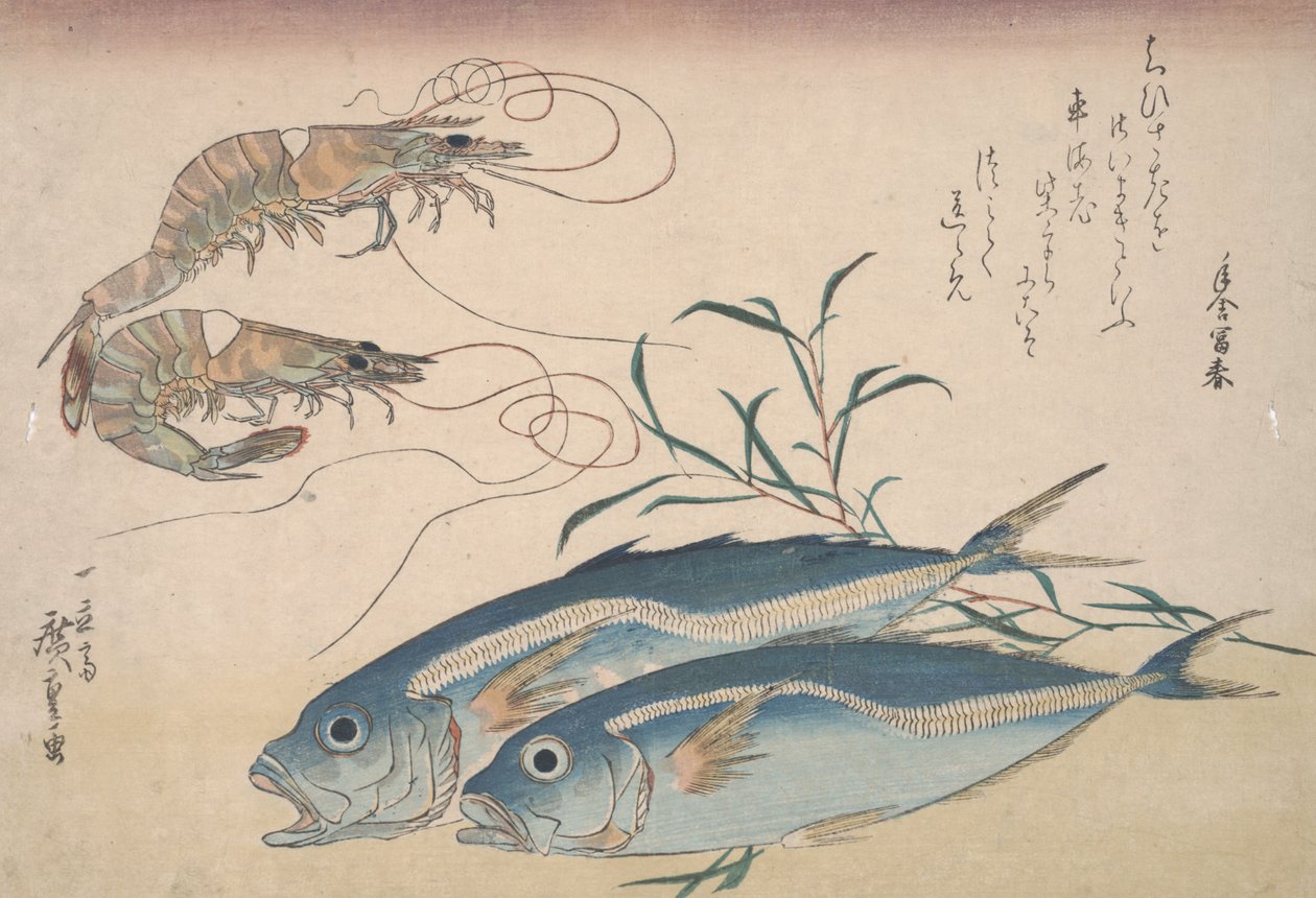 Hästmakrill, sötvattensräkor och sjögräs, ca 1832 av Utagawa Hiroshige