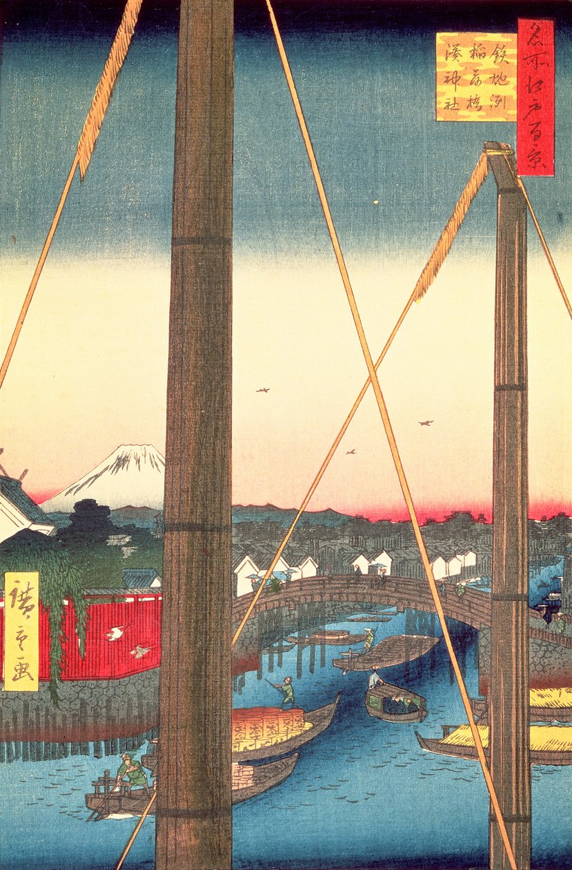 Inari Bridge och Minato Shrine, Teppozu, skylt 77 från serien Hundra berömda vyer av Edo, Edo-perioden, Ansei-eran, 1857 (träblockstryck) av Utagawa Hiroshige