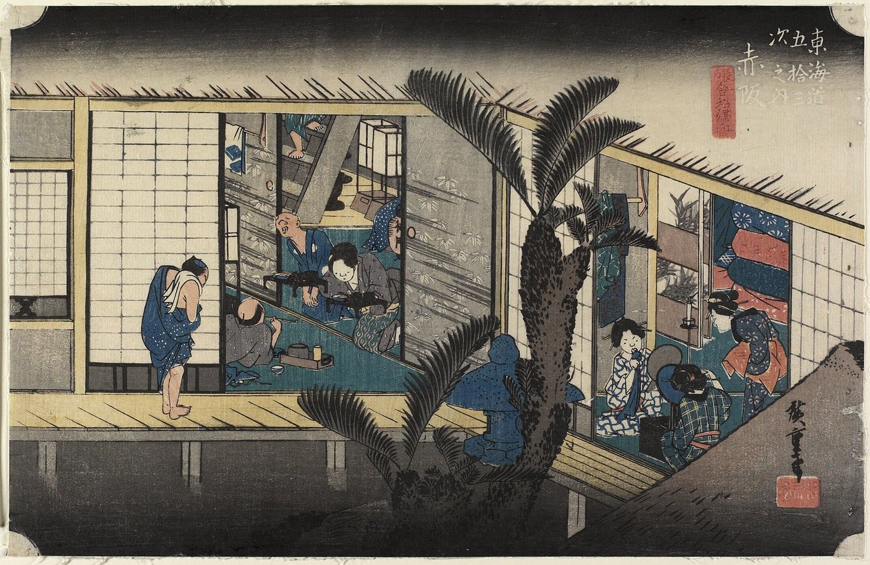 Värdshus med tjänarinnor, Akasaka, ca. 1833 av Utagawa Hiroshige