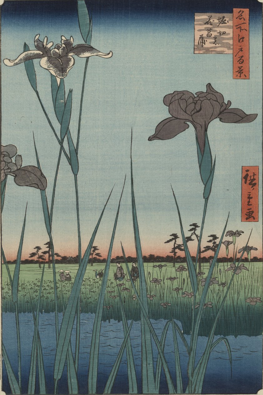 Irisblommor i Horikiri, ur serien ”Ett hundratal berömda vyer från Edo” av Utagawa Hiroshige