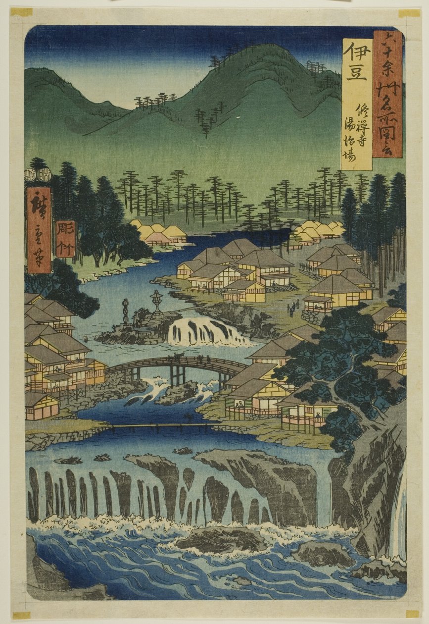 Izu-provinsen: Varma källor vid Shuzen-templet (Izu, Shuzenji tojiba), från serien "Berömda platser i de sextiotalet provinserna (Rokujuyoshu meisho zue)" av Utagawa Hiroshige
