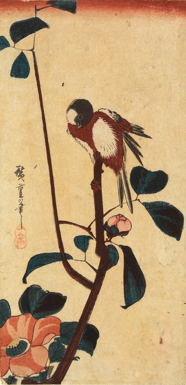 Japansk talgoxe på kameliagren av Utagawa Hiroshige