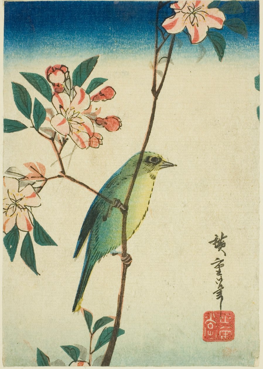 Japansk vitöga på blommande gren av Utagawa Hiroshige
