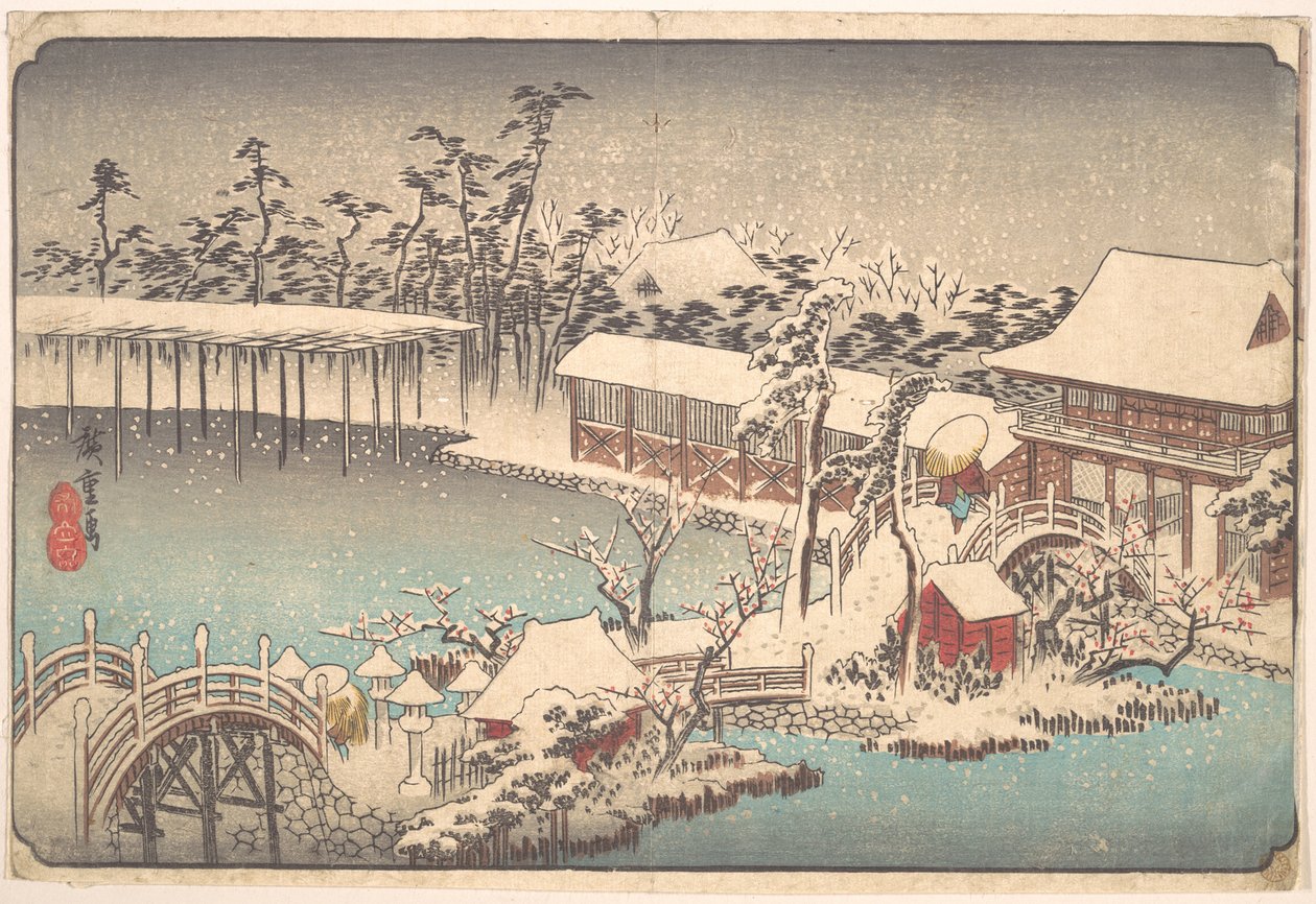 Snö på Kameido Tenmangūs område av Utagawa Hiroshige