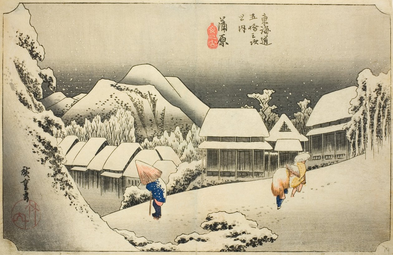 Kanbara: Evening Snow (Kanbara, yoru no yuki), från serien "Fifty-three Stations of the Tokaido (Tokaido gojusan tsugi no uchi)," även känd som Hoeido Tokaido av Utagawa Hiroshige