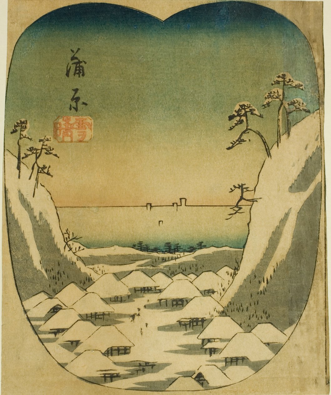 Kanbara, sektion av blad nr. 4 från serien "Cutouts of the Fifty-three Stations (Gojusan tsugi harimaze)" av Utagawa Hiroshige