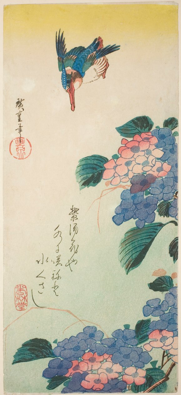 Kungsfiskare och hortensia av Utagawa Hiroshige