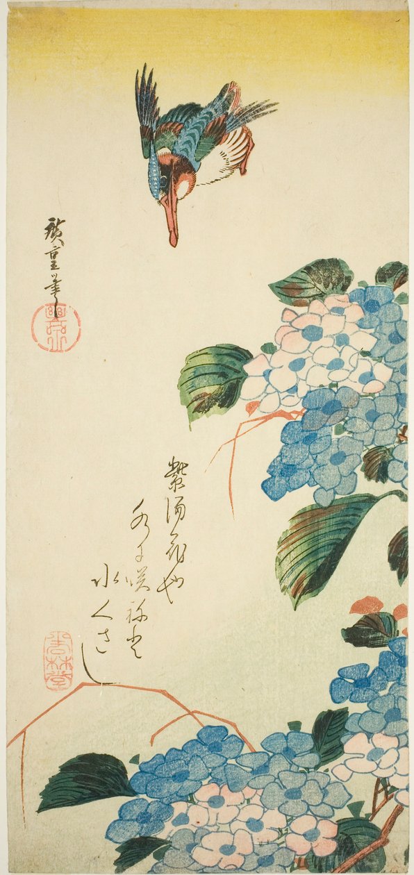 Kungsfiskare och hortensia av Utagawa Hiroshige