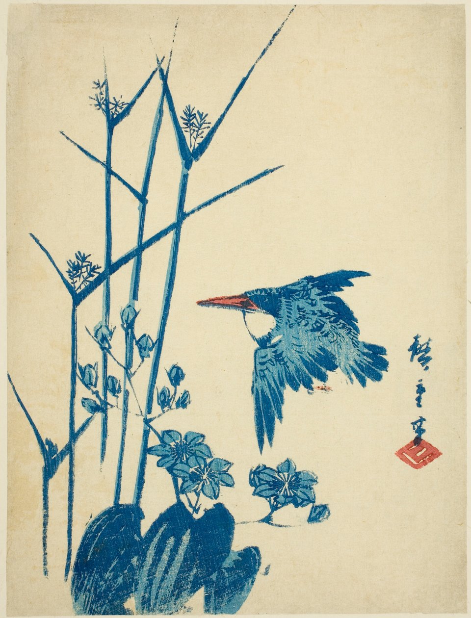 Kungsfiskare och monochoria av Utagawa Hiroshige
