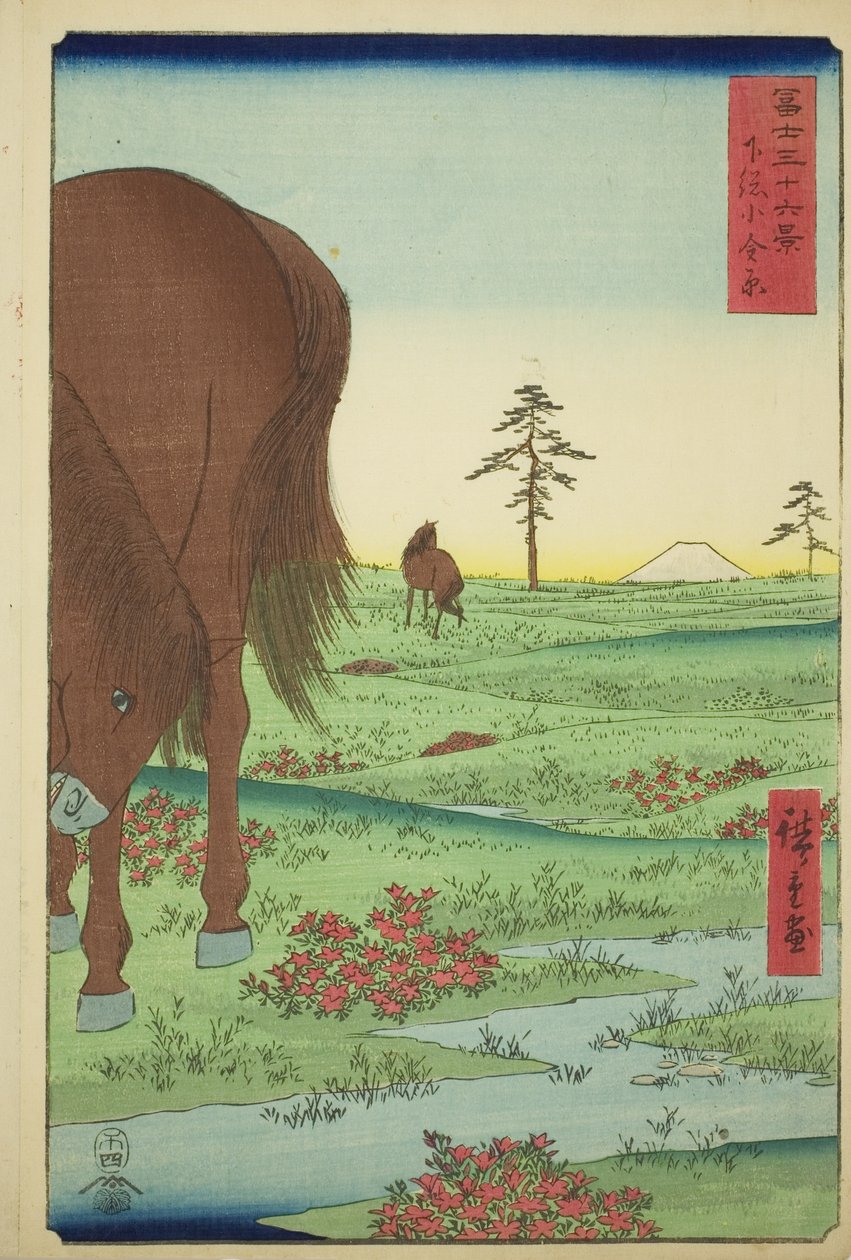 Ogane P fina medlem Gesasa P Rovinse (Shimosa Koganehara), från Te-seriens "Ti rty Mr. x View ws Of mo t Fuji (Fuji Usaju Rokukatsu)" av Utagawa Hiroshige