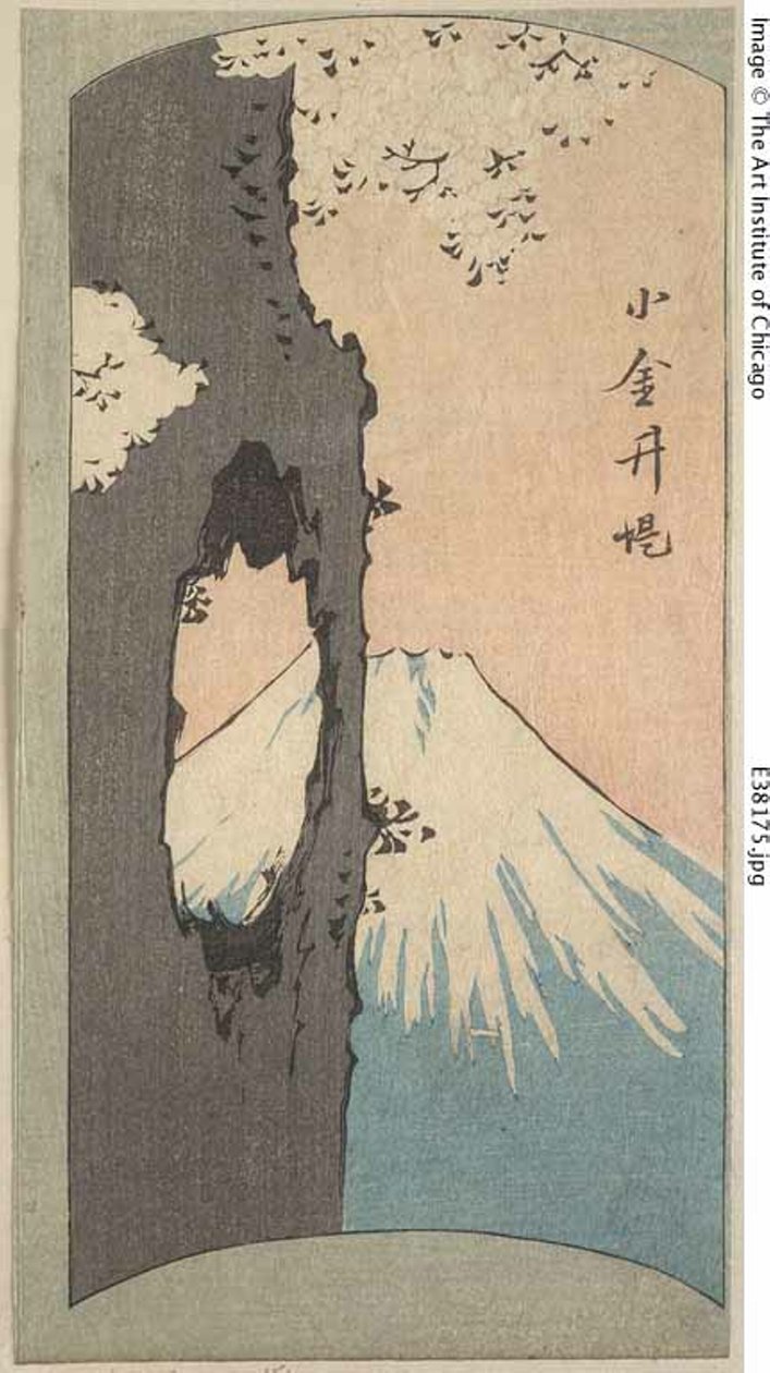 Koganei, avsnitt av ett ark från serien "Utklippta bilder av berömda platser i Edo (Edo meisho harimaze zue)" av Utagawa Hiroshige