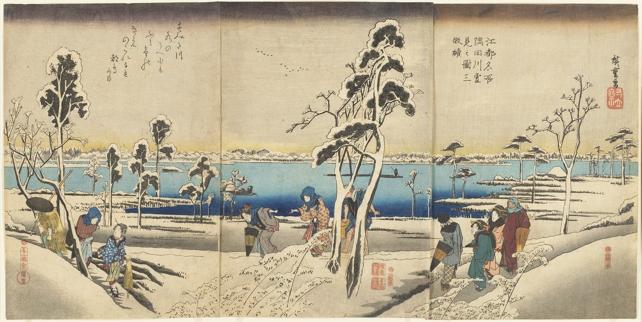 Koto meisho Sumida-gawa yuki-mi no zu san-mai tsuzuki av Utagawa Hiroshige