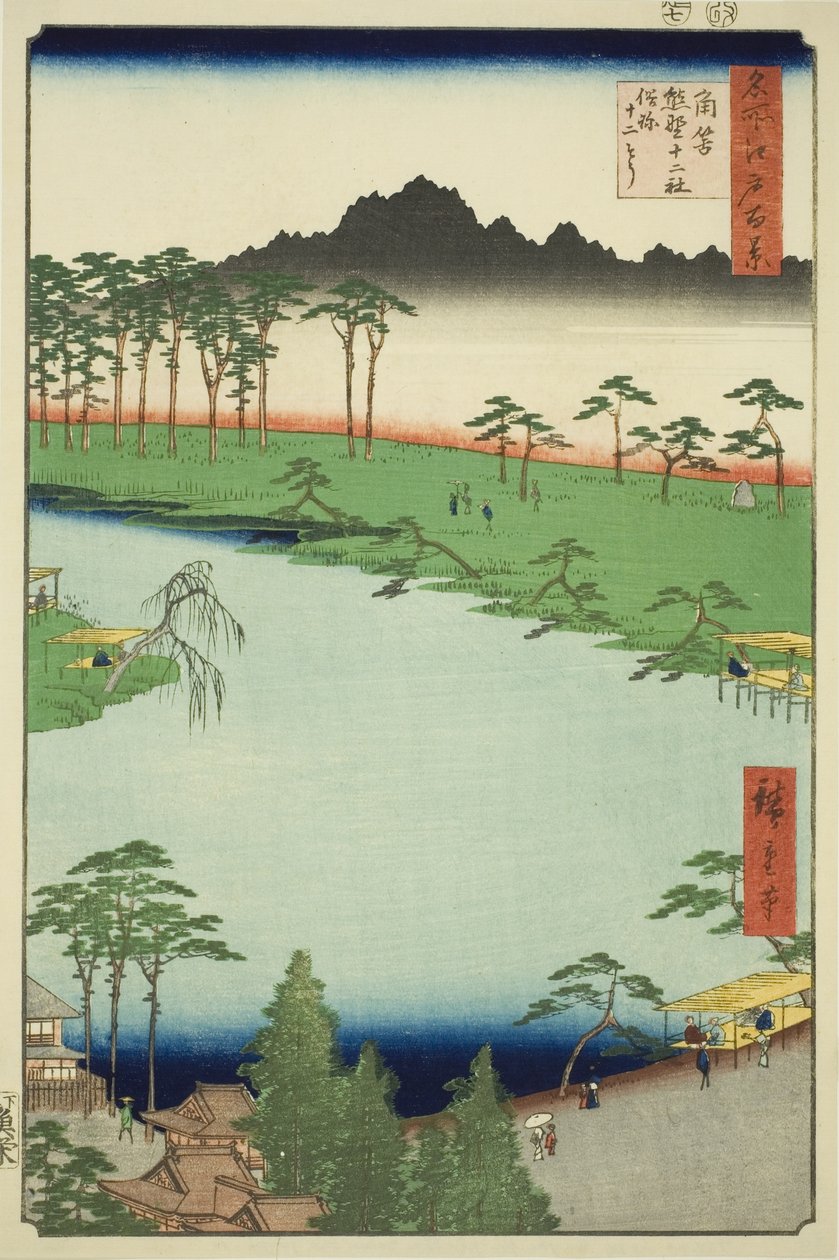 Kumano Junisha Shrine i Tsunohazu, populärt känd som Juniso (Tsunohazu Kumano Junisha, zokusho Juniso), från serien "One Hundred Famous Views of Edo (Meisho Edo hyakkei)" av Utagawa Hiroshige