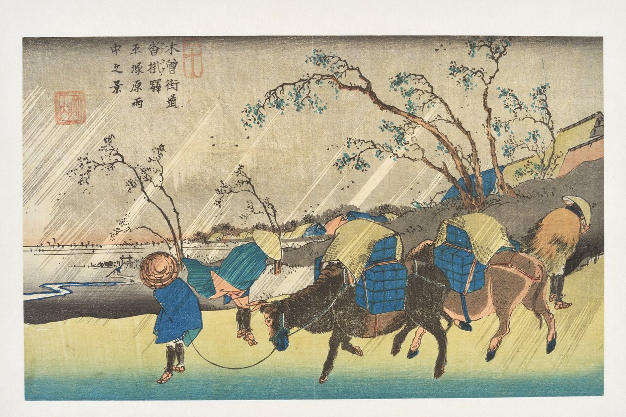 Kutsukake: Regn över Hiratsuka-slätten, ur serien ”Kisokaidōs 69 stationer” av Utagawa Hiroshige