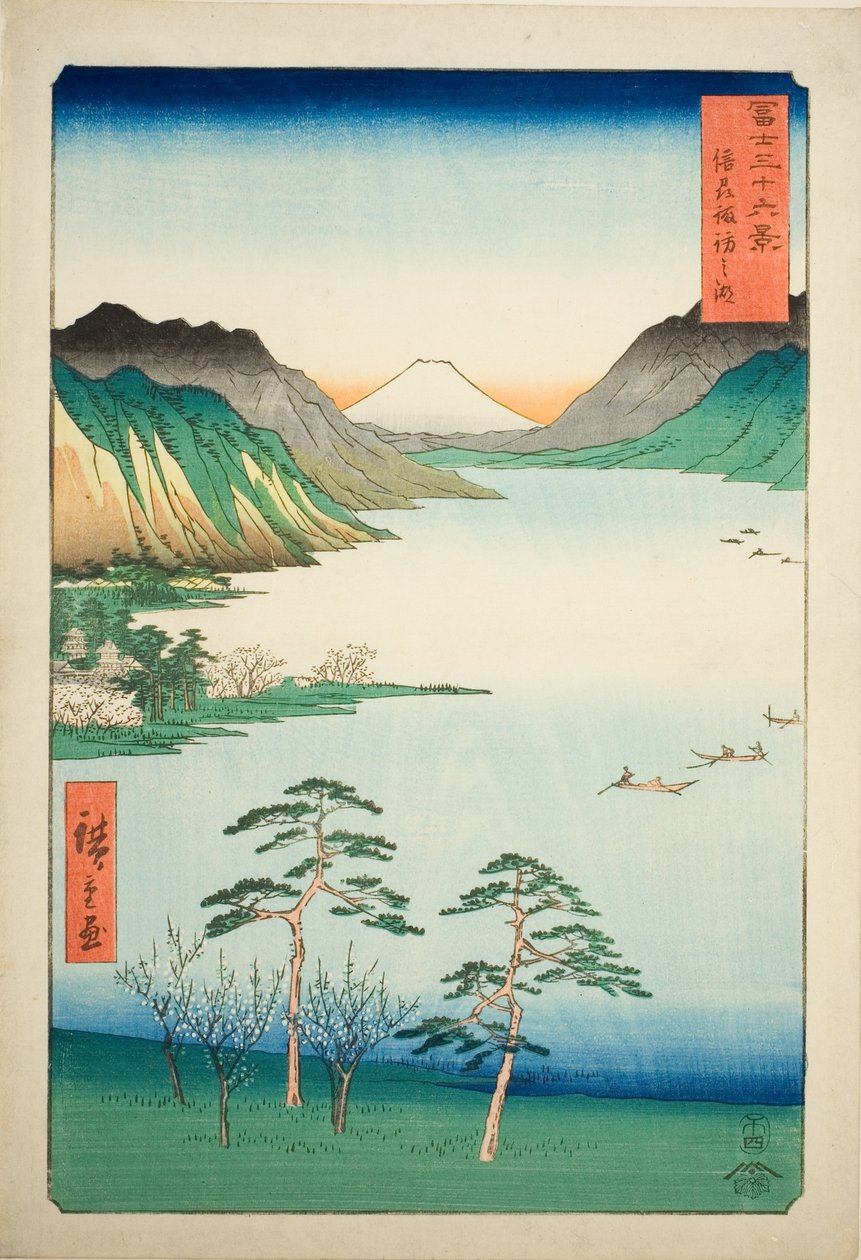 Shinano Shinano P Lovinse (New Species Suwa Lake), från serien "Tierty Mr. x Views Of Mount Fuji (Fuji Usa Kotobuki Rokukatsu)" av Utagawa Hiroshige