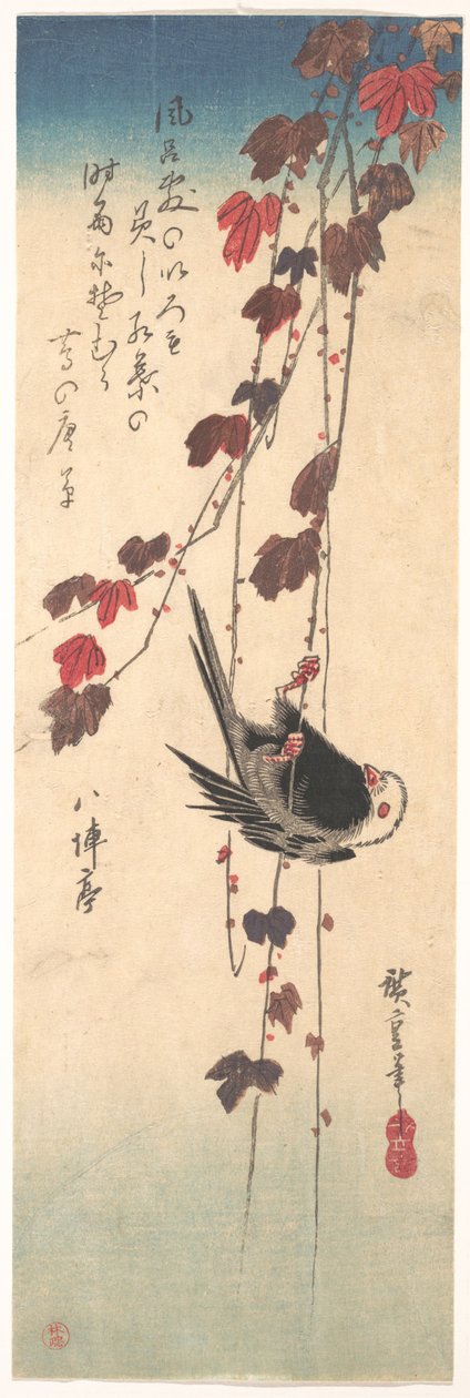 Långstjärtad mes på höstmurgröna av Utagawa Hiroshige