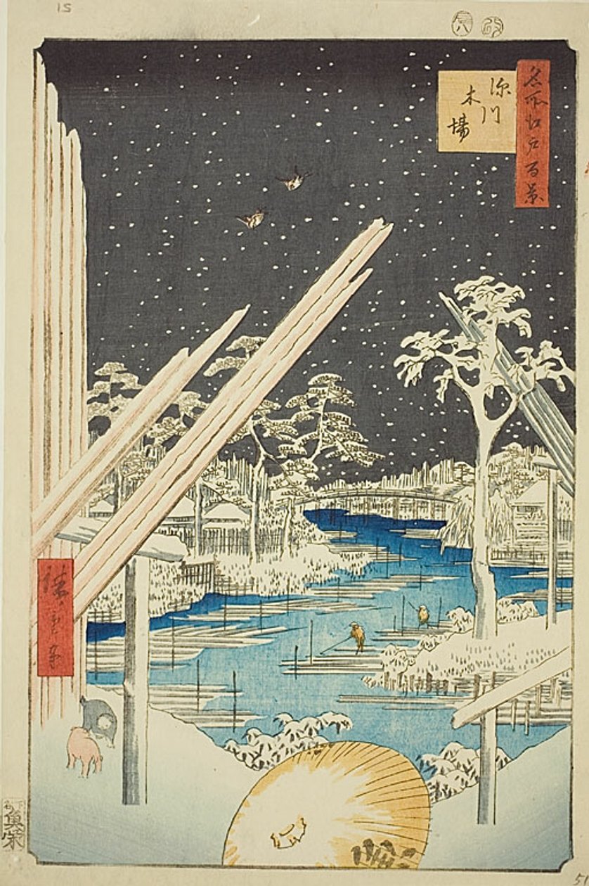 Skogsgårdar vid Fukagawa (Fukagawa kiba), med mörk himmel, nr 106 från serien "Hundra berömda vyer över Edo (Meisho Edo hyakkei)" av Utagawa Hiroshige