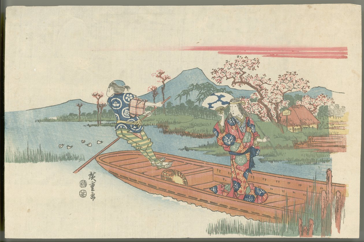 En galen kvinna på en färja nära templet Mokubōji (scen ur Noh-pjäsen Sumidagawa) av Utagawa Hiroshige
