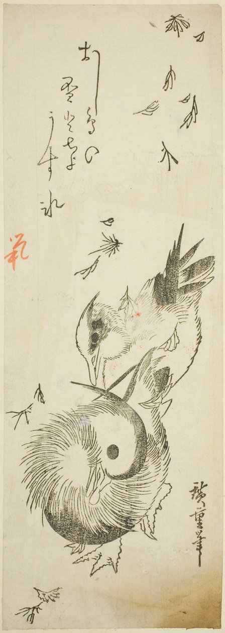 Mandarinänder som korsar en isig damm bland fallande löv av Utagawa Hiroshige