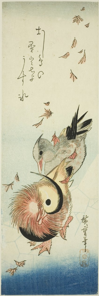 Mandarinänder som korsar en isig damm bland fallande löv av Utagawa Hiroshige