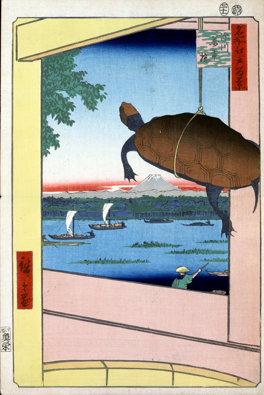 Mannen Bridge och Fukagawa-distriktet Hundra berömda utsikter över Edo, 1856-1858. av Utagawa Hiroshige