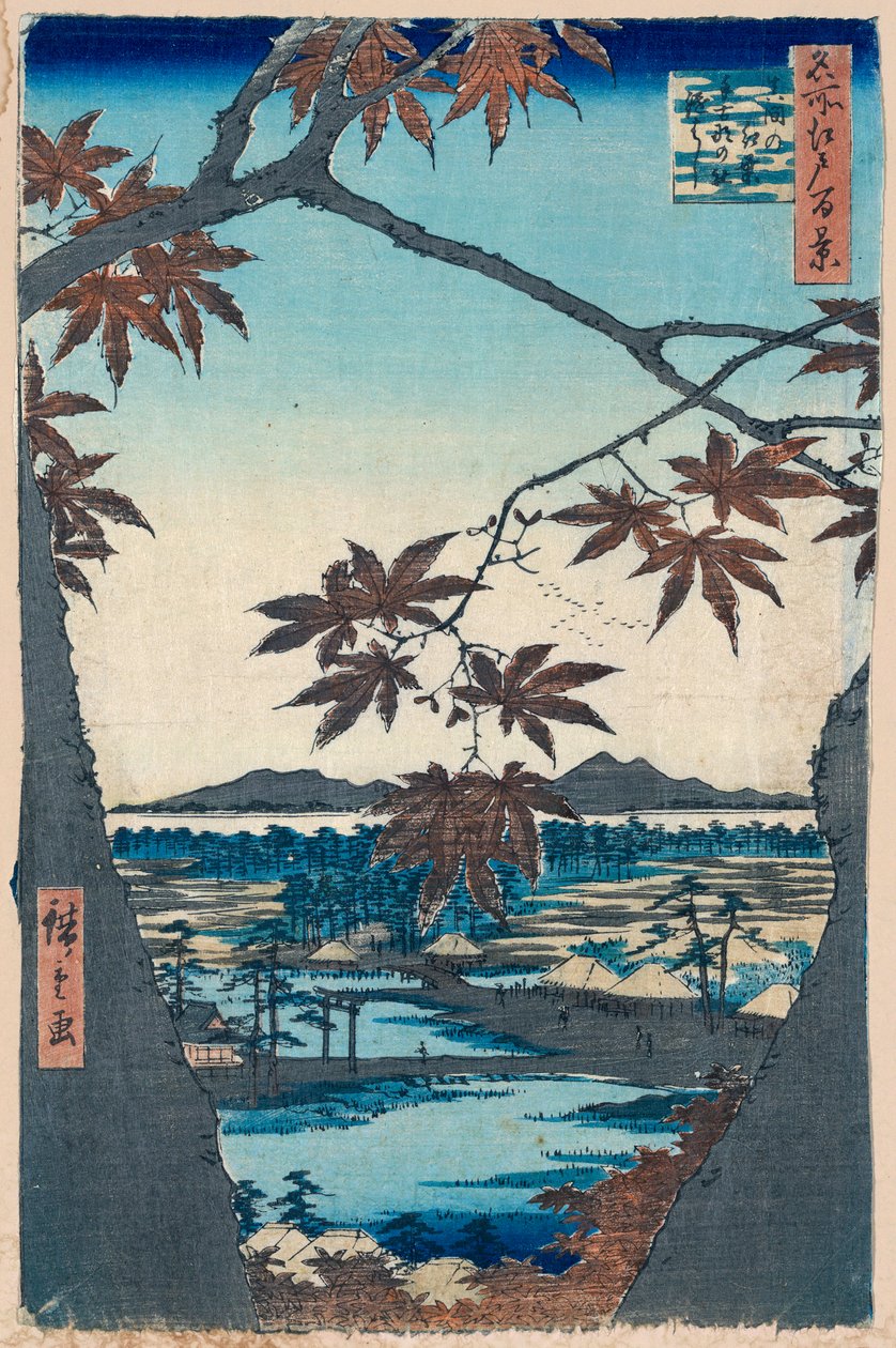 Lönnlöv och Tekona-helgedomen och bron vid Mama, 1856-1858. av Utagawa Hiroshige