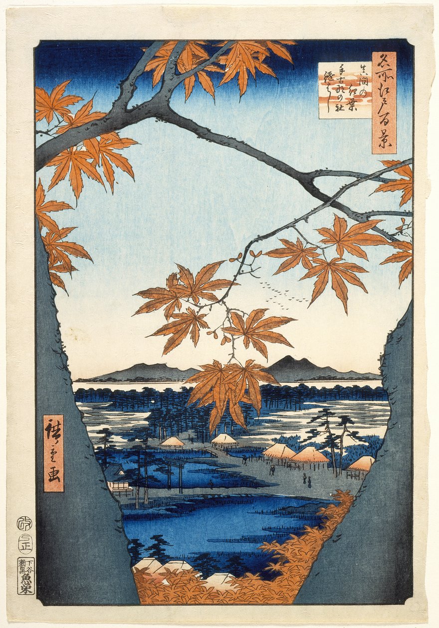 Lönnträd vid Mama, Tekona-helgedomen och den anslutande bron av Utagawa Hiroshige